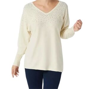 Belle by Kim Gravel Rhinestone Sweater XXS Ivory Off-White Reversible Sparkle